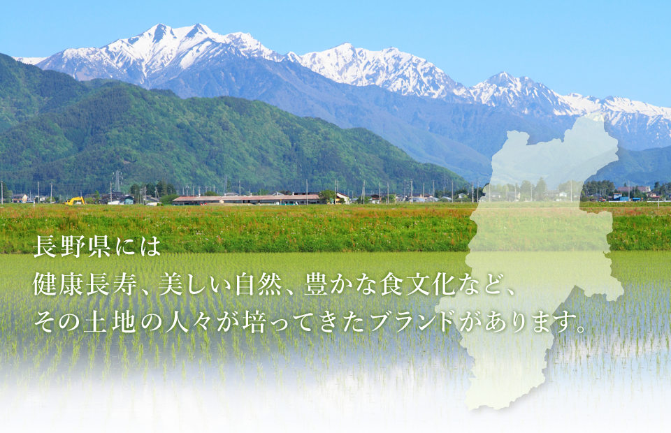 長野県には 健康長寿、美しい自然、豊かな食文化など、 その土地の人々が培ってきたブランドがあります。